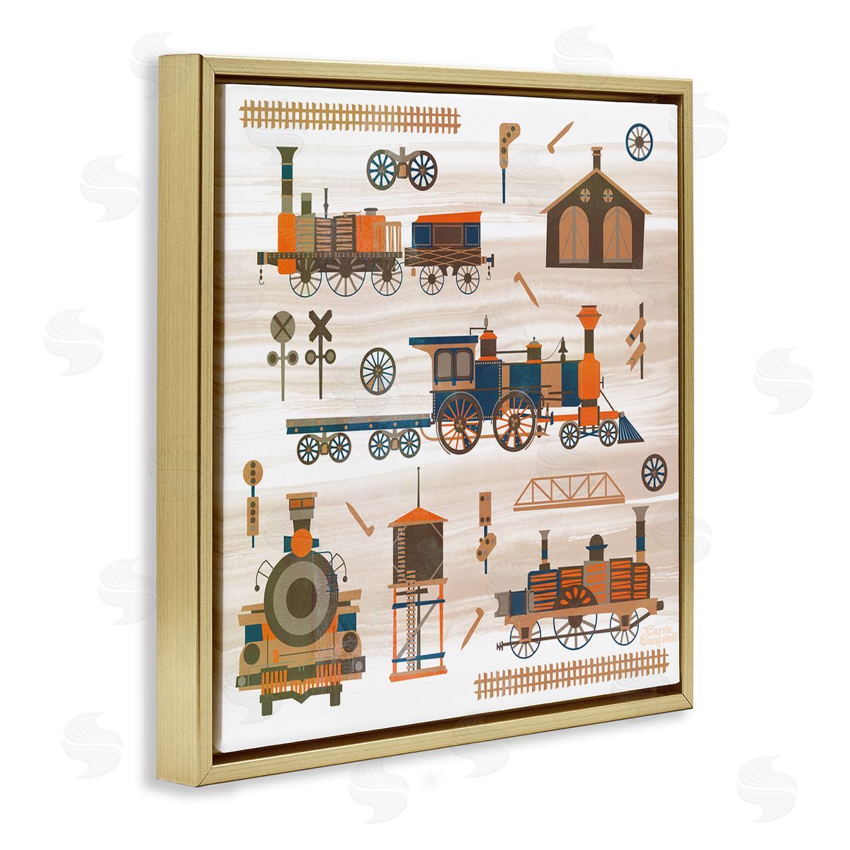 Carrie Cantwell Totally Trains Rustic Gold Floating Frame Canvas Wall Art Print