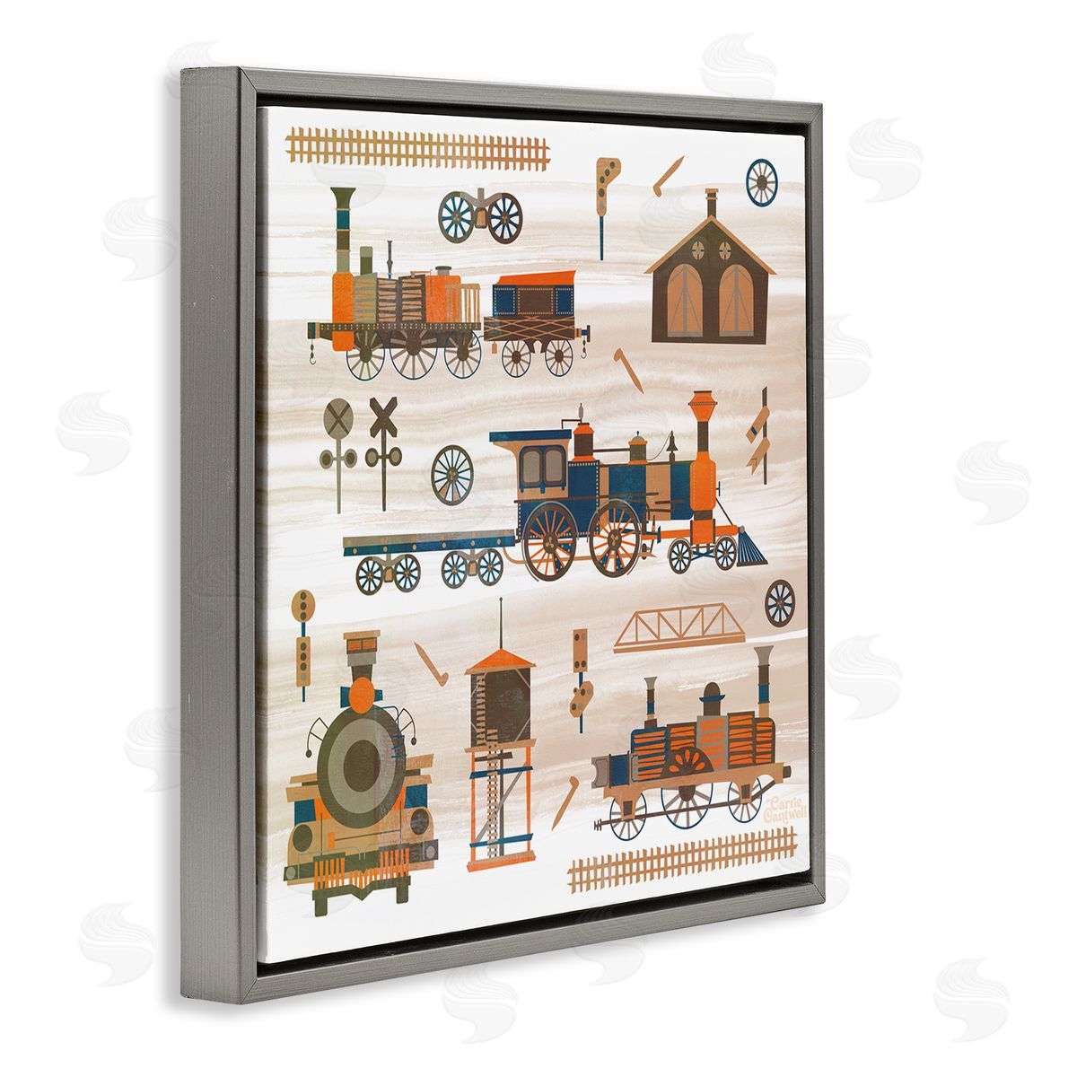 Carrie Cantwell Totally Trains Rustic Gray Floating Frame Canvas Wall Art Print