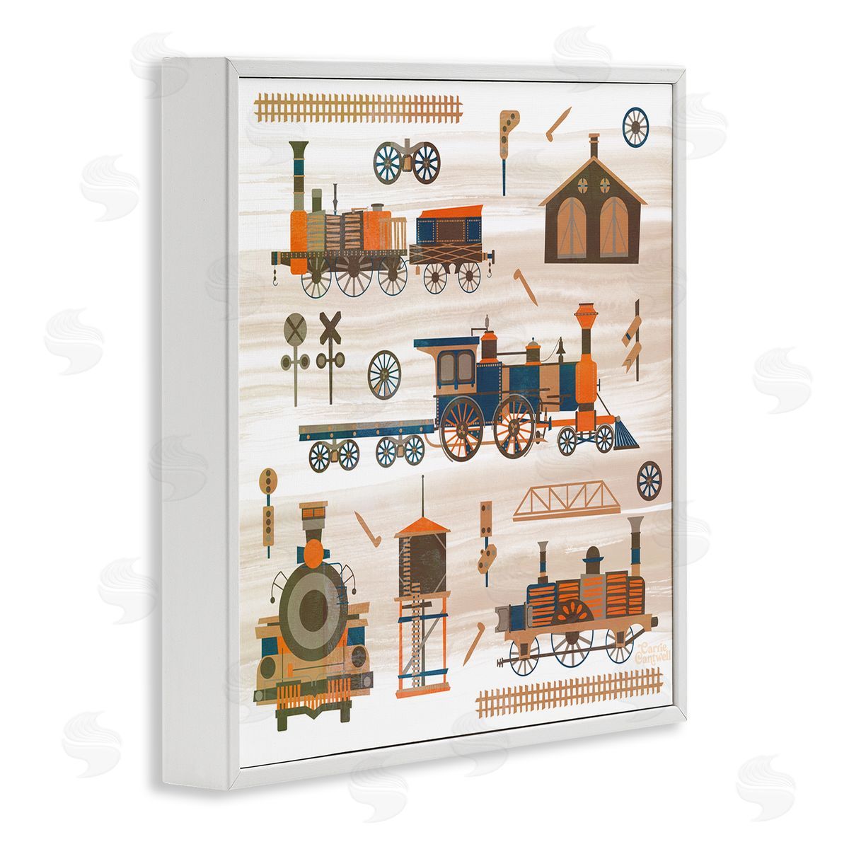 Carrie Cantwell Totally Trains Rustic White Framed Giclee Wall Art Print