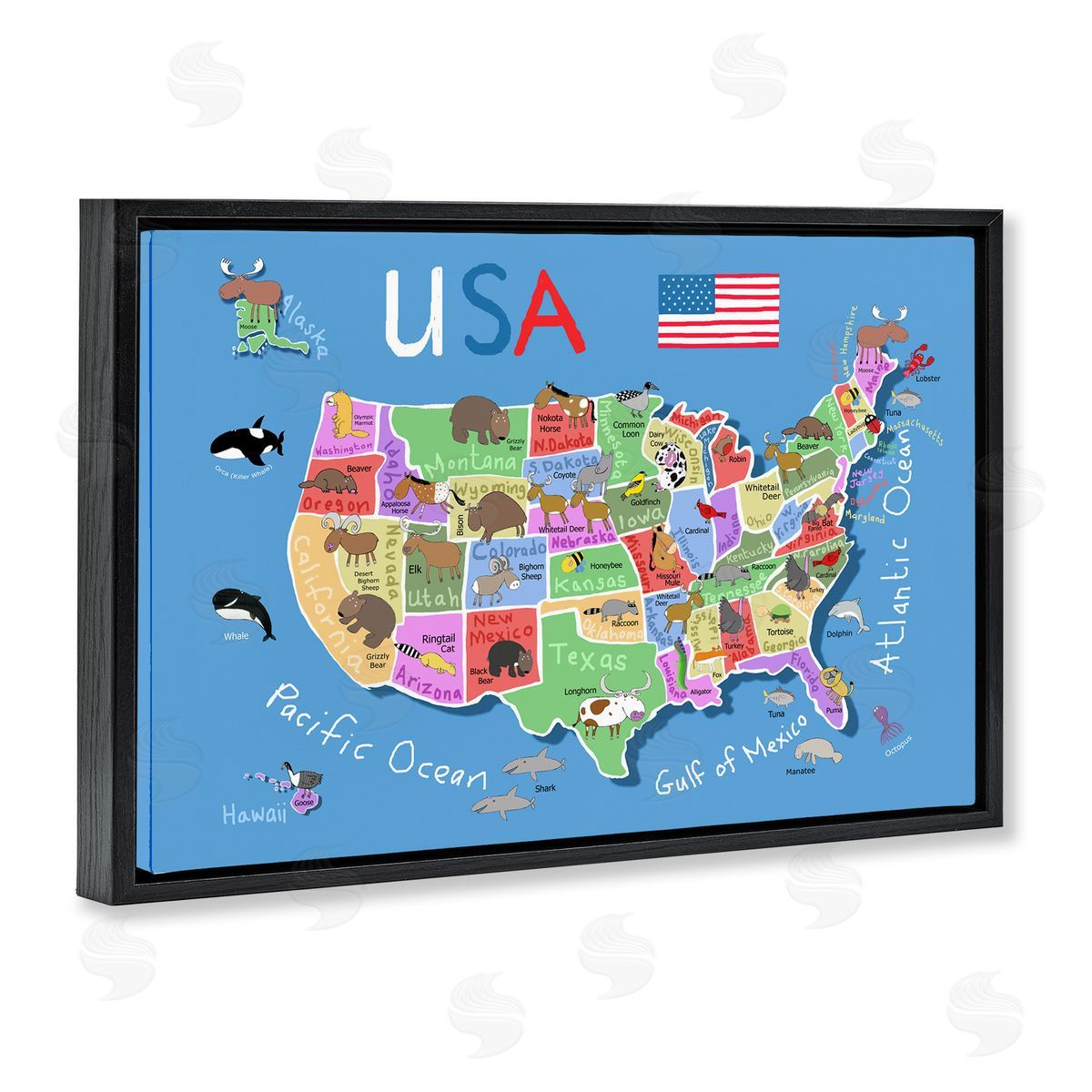 United States Animal Map Black Floating Frame Canvas Wall Art, Home Decor by Carla Daly