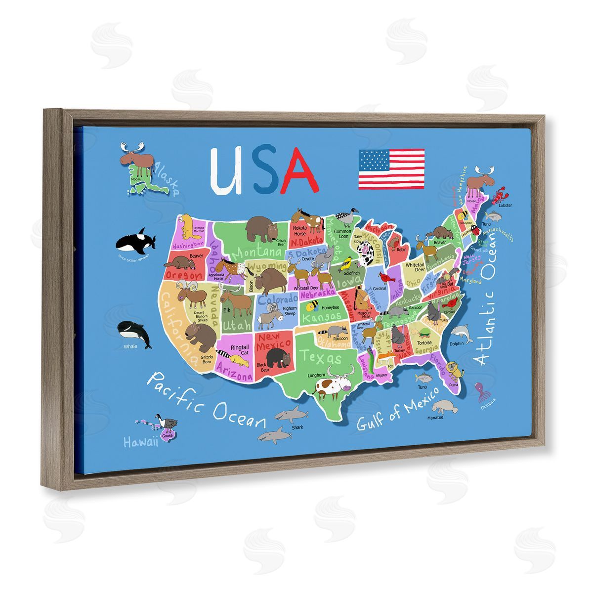 United States Animal Map Brown Floating Frame Canvas Wall Art, Home Decor by Carla Daly