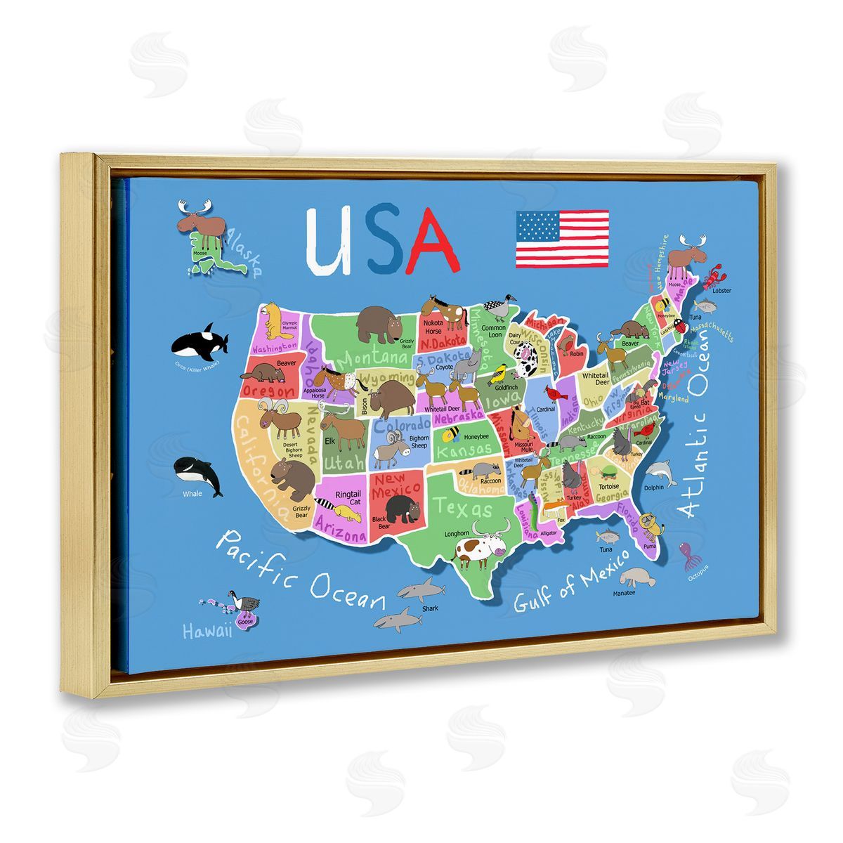 United States Animal Map Gold Floating Frame Canvas Wall Art, Home Decor by Carla Daly