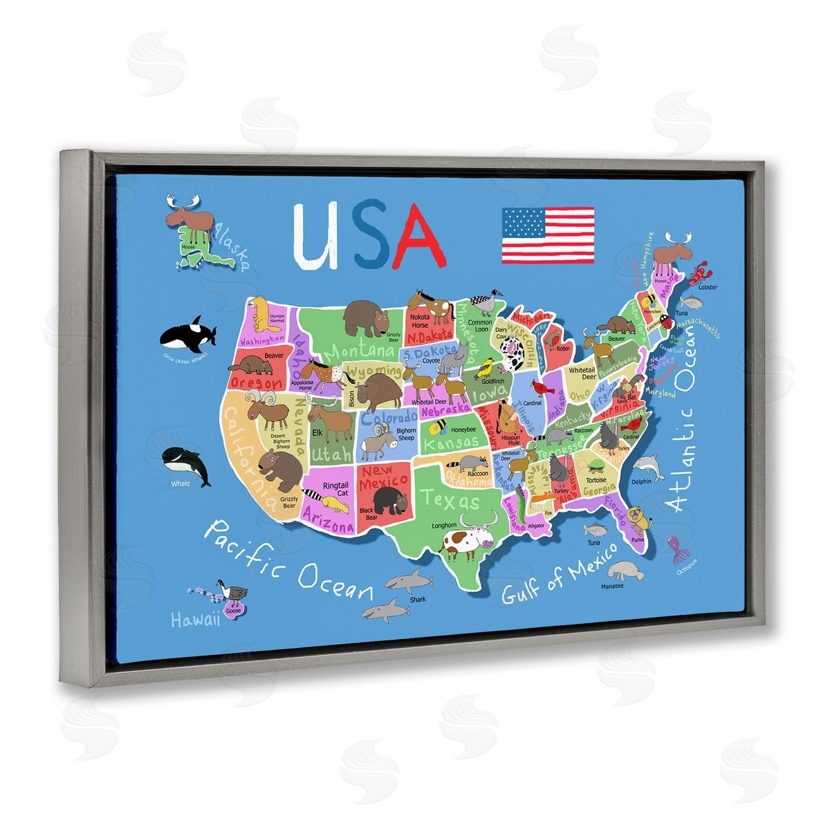 United States Animal Map Grey Floating Frame Canvas Wall Art, Home Decor by Carla Daly