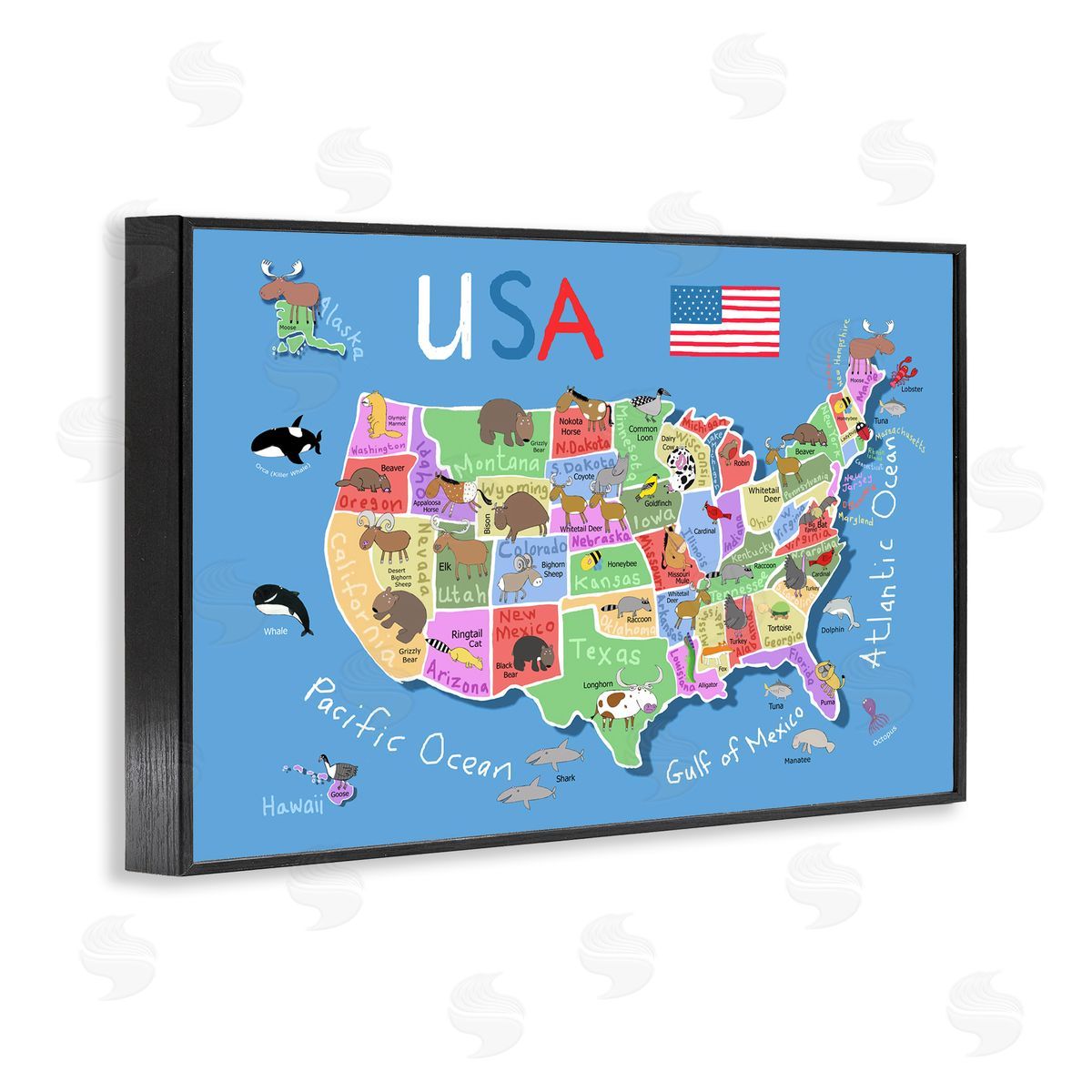 United States Animal Map Black Frame Print Wall Art, Home Decor by Carla Daly