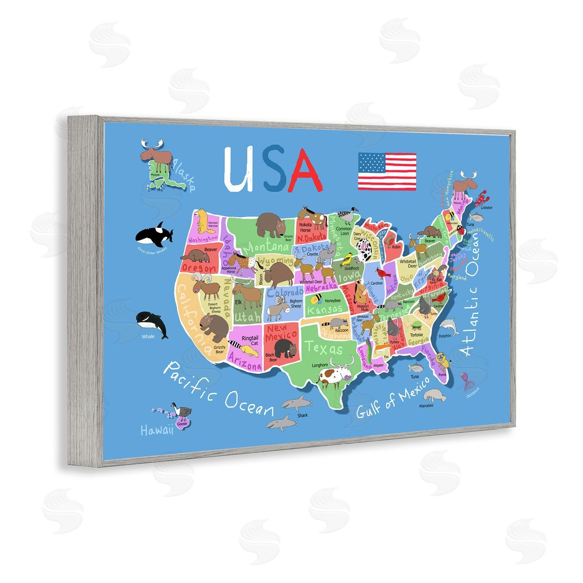 United States Animal Map Grey Frame Print Wall Art, Home Decor by Carla Daly
