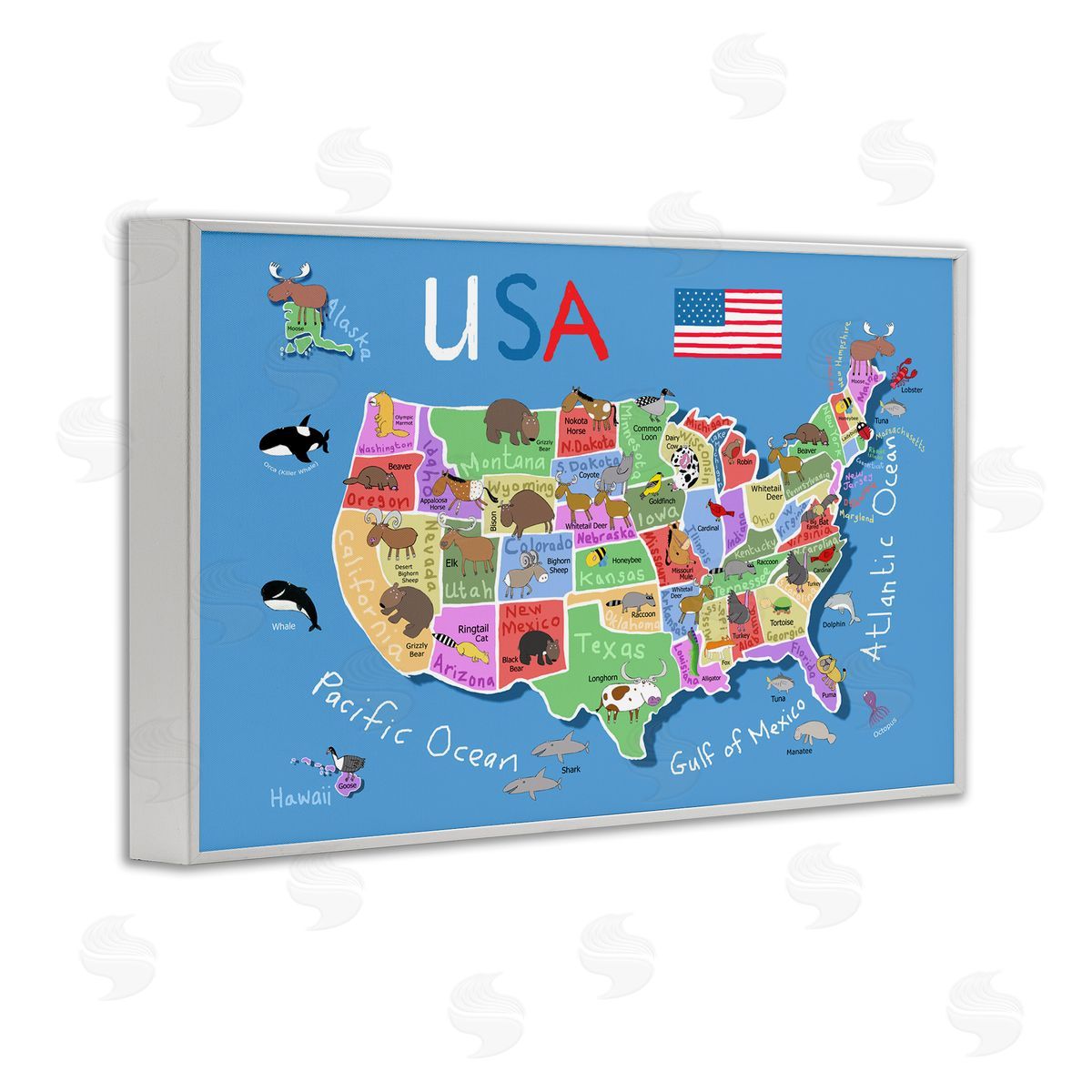 United States Animal Map White Frame Print Wall Art, Home Decor by Carla Daly