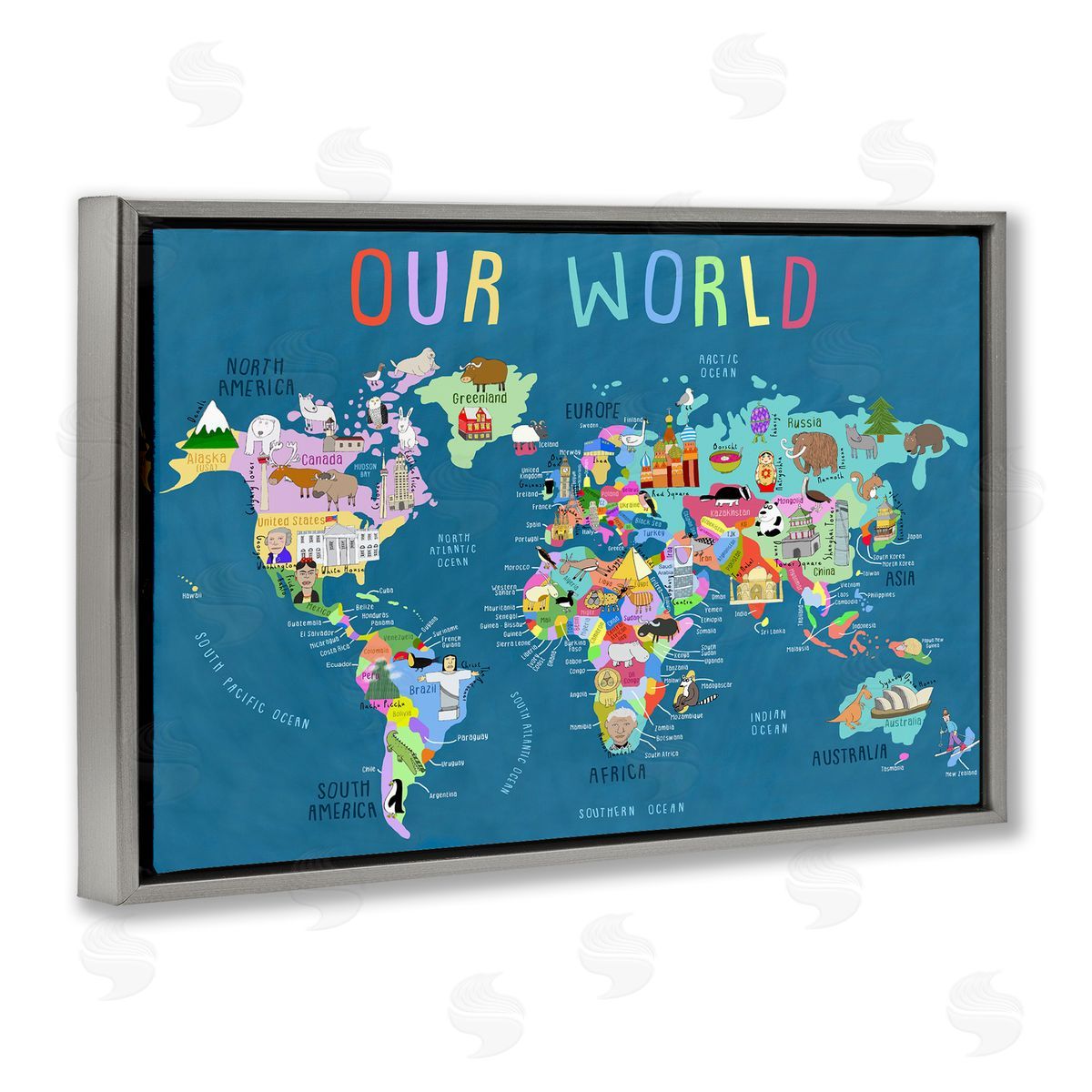 Carla Daly Our World Map Gray Floating Frame Canvas Wall Art Print