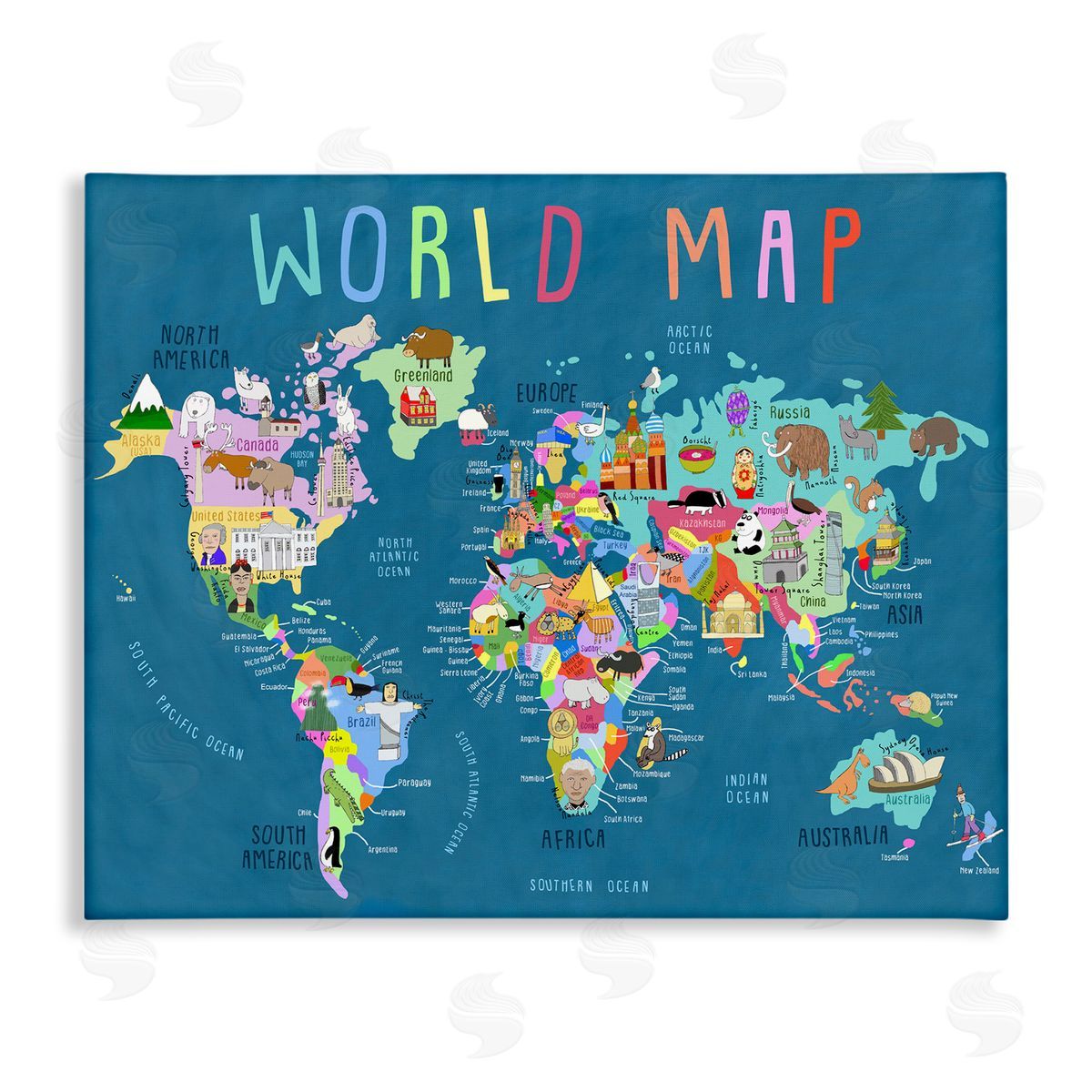 Carla Daly World Map with Landmarks Canvas Wall Art Print