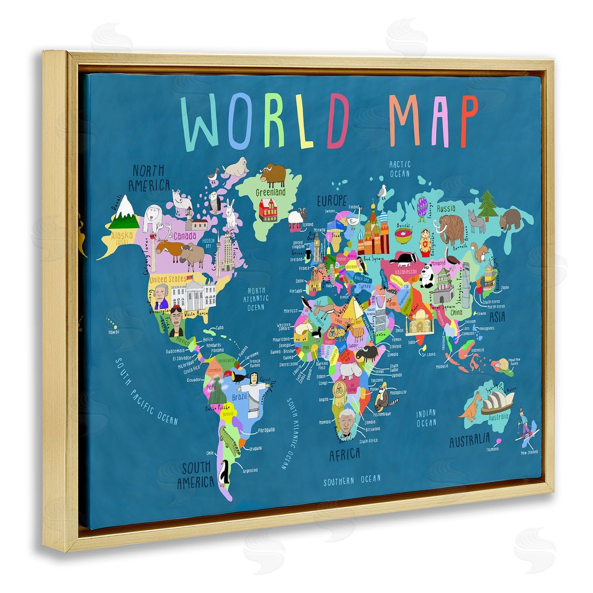 Carla Daly World Map with Landmarks Gold Floating Frame Canvas Wall Art Print
