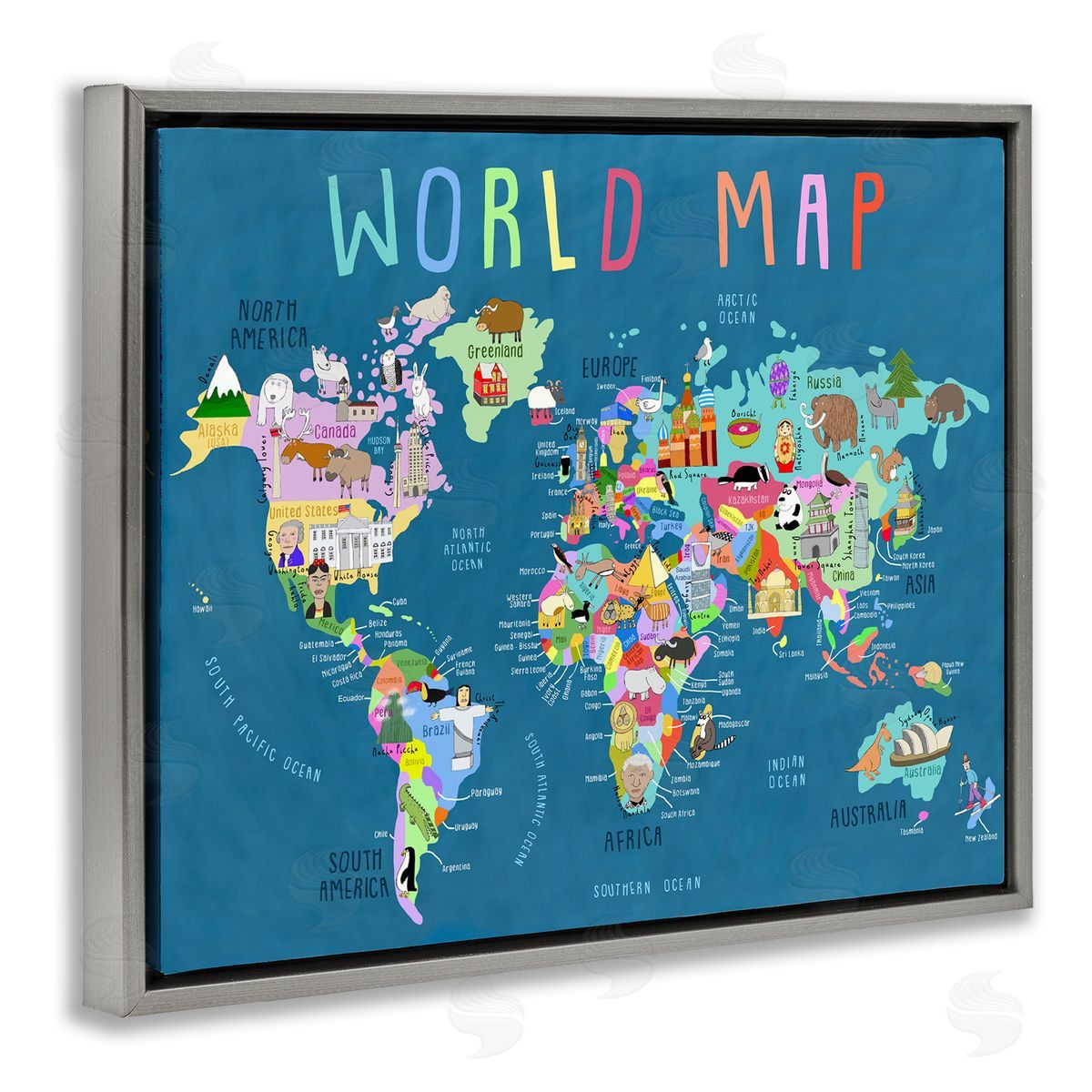 Carla Daly World Map with Landmarks Gray Floating Frame Canvas Wall Art Print