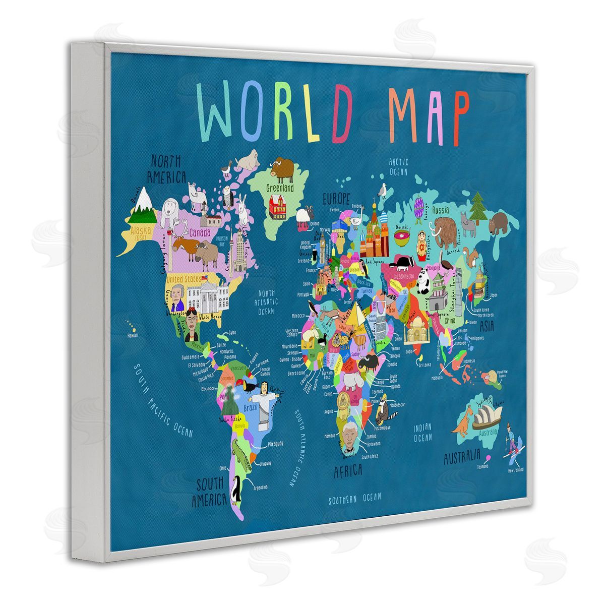 Carla Daly World Map with Landmarks White Framed Giclee Wall Art Print