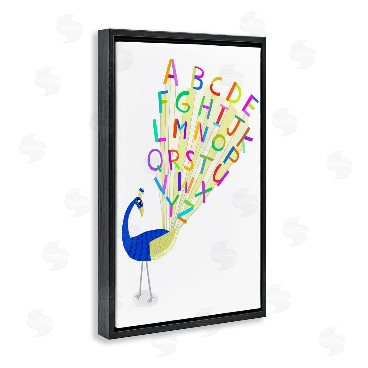 Peacock Alphabet Feathers Black Floating Frame Canvas Wall Art, Home Decor by Carla Daly