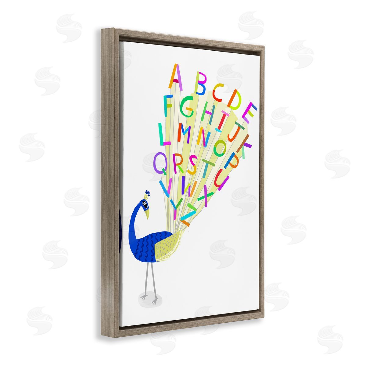 Peacock Alphabet Feathers Brown Floating Frame Canvas Wall Art, Home Decor by Carla Daly