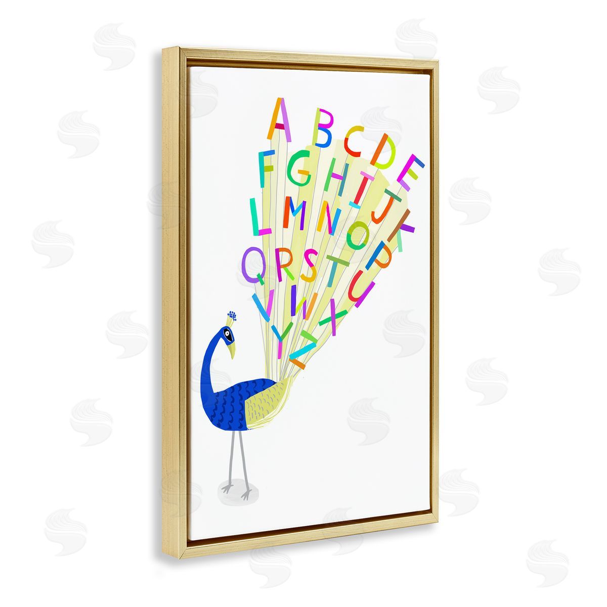 Peacock Alphabet Feathers Gold Floating Frame Canvas Wall Art, Home Decor by Carla Daly