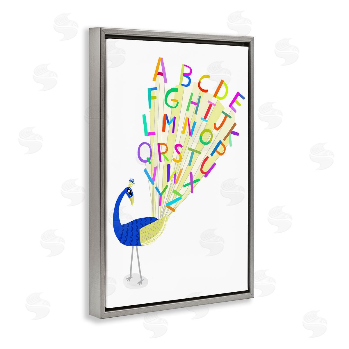 Peacock Alphabet Feathers Grey Floating Frame Canvas Wall Art, Home Decor by Carla Daly