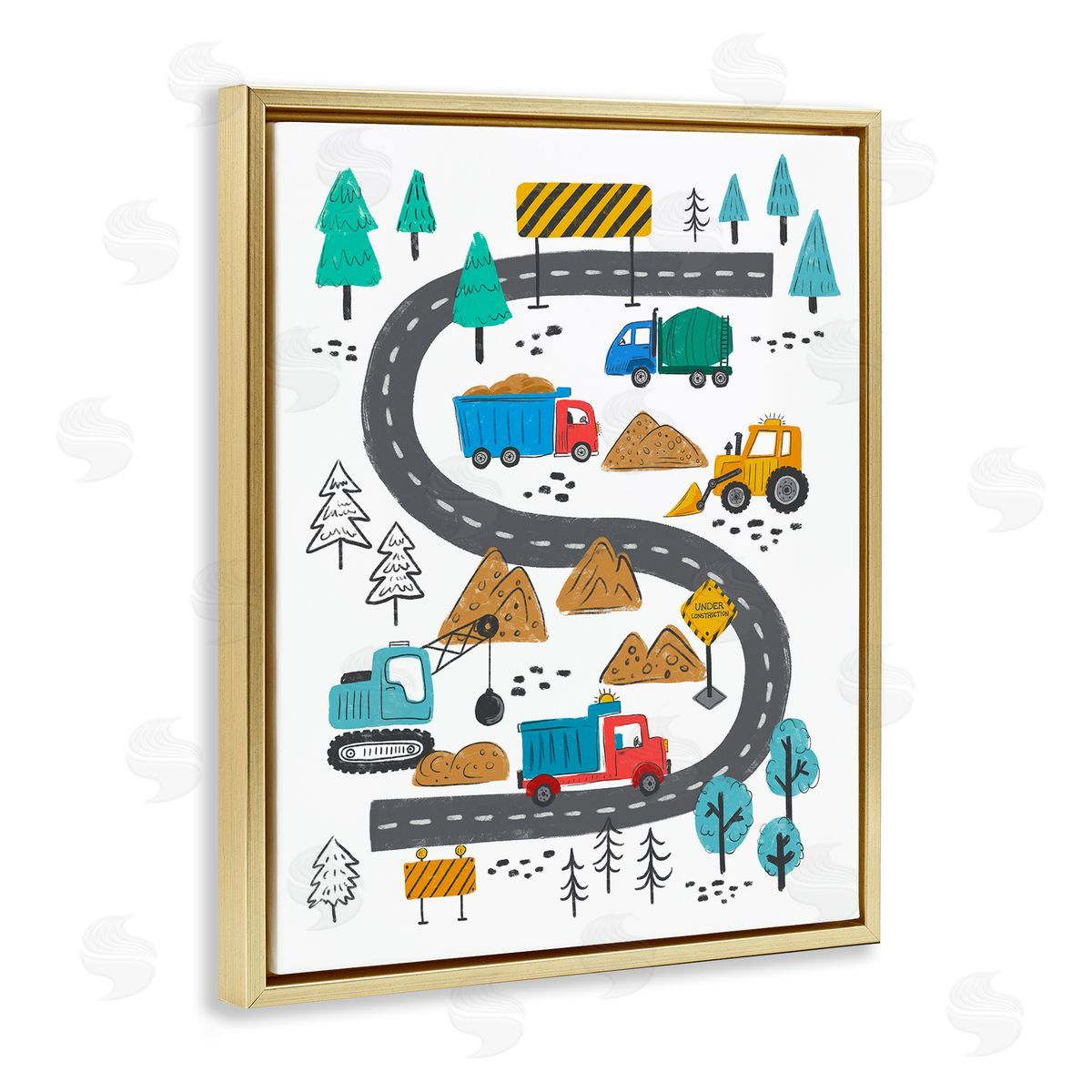 Construction Vehicles Road Gold Floating Frame Canvas Wall Art, Home Decor by Jim Baldwin
