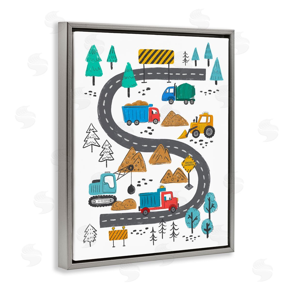 Construction Vehicles Road Grey Floating Frame Canvas Wall Art, Home Decor by Jim Baldwin