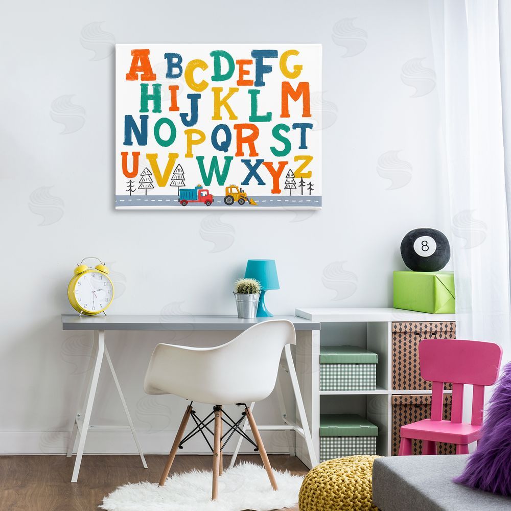 Diane Labombarbe Alphabet & Construction Trucks Canvas Wall Art Print in Room