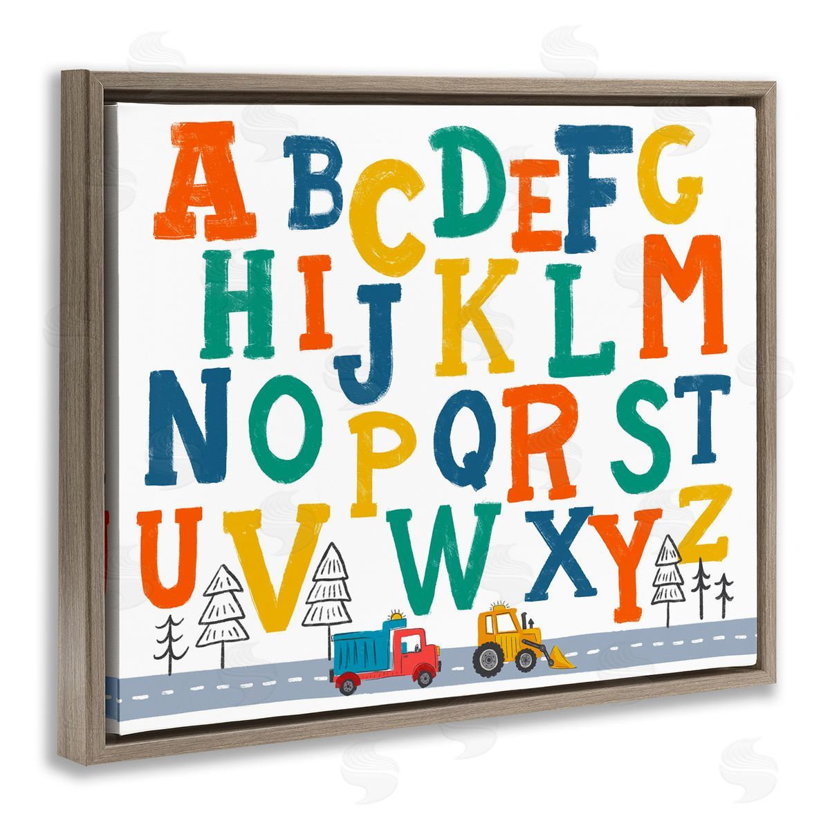 Diane Labombarbe Alphabet & Construction Trucks Brown Floating Frame Canvas Wall Art Print