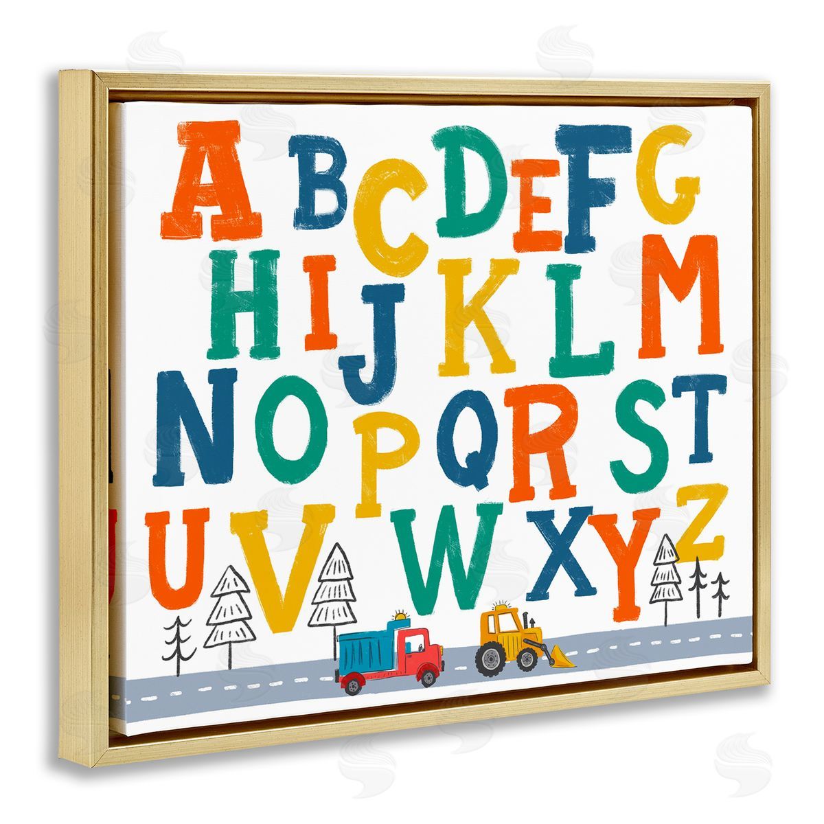 Diane Labombarbe Alphabet & Construction Trucks Gold Floating Frame Canvas Wall Art Print