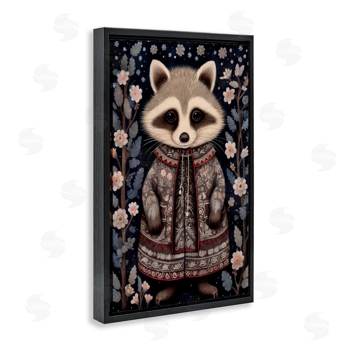 Woodland Pattern Raccoon Black Floating Frame Canvas Wall Art, Home Decor by The Dutch Lady
