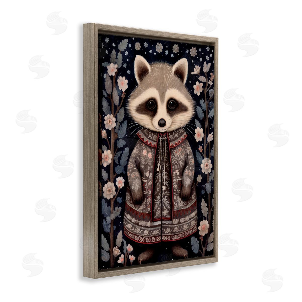 Woodland Pattern Raccoon Brown Floating Frame Canvas Wall Art, Home Decor by The Dutch Lady