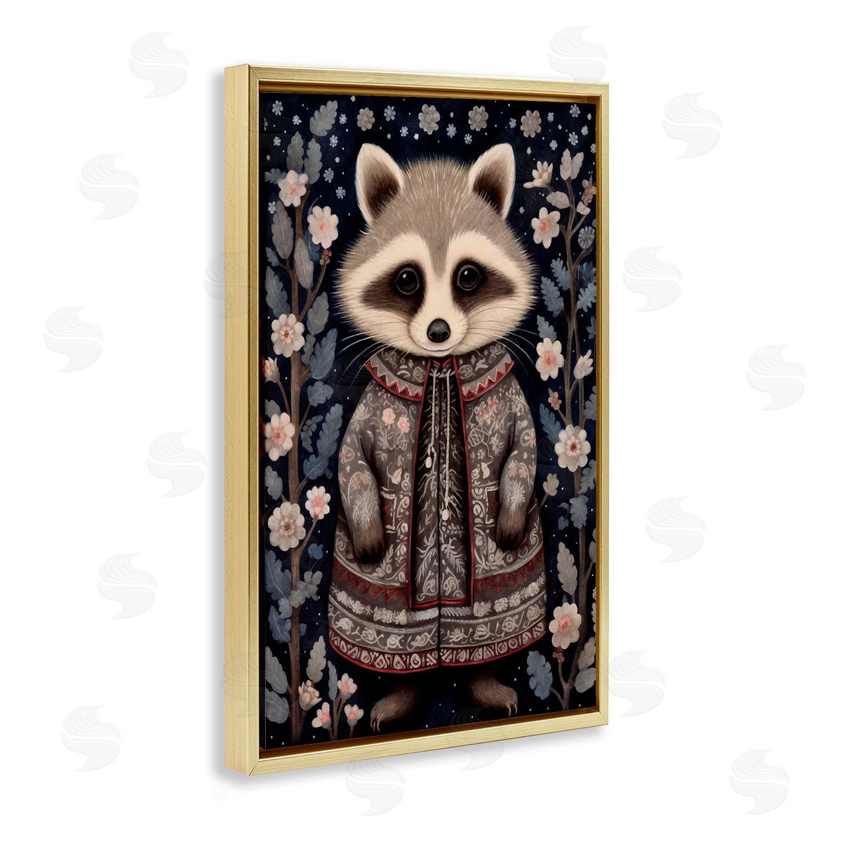 Woodland Pattern Raccoon Gold Floating Frame Canvas Wall Art, Home Decor by The Dutch Lady