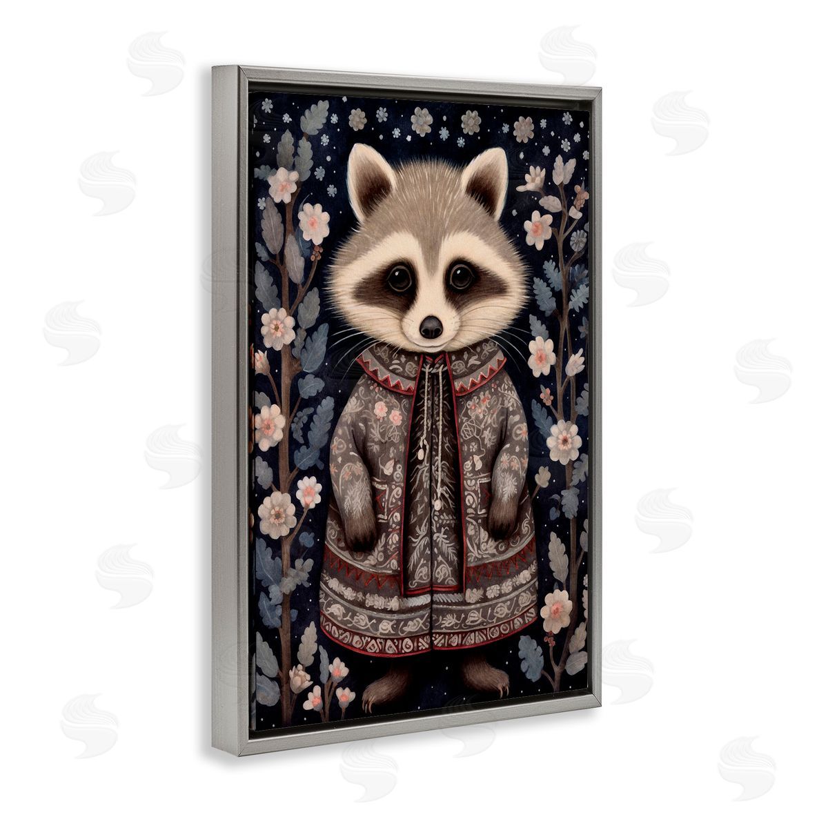 Woodland Pattern Raccoon Grey Floating Frame Canvas Wall Art, Home Decor by The Dutch Lady