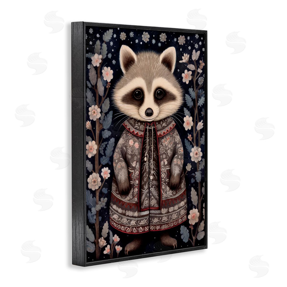 Woodland Pattern Raccoon Black Frame Print Wall Art, Home Decor by The Dutch Lady
