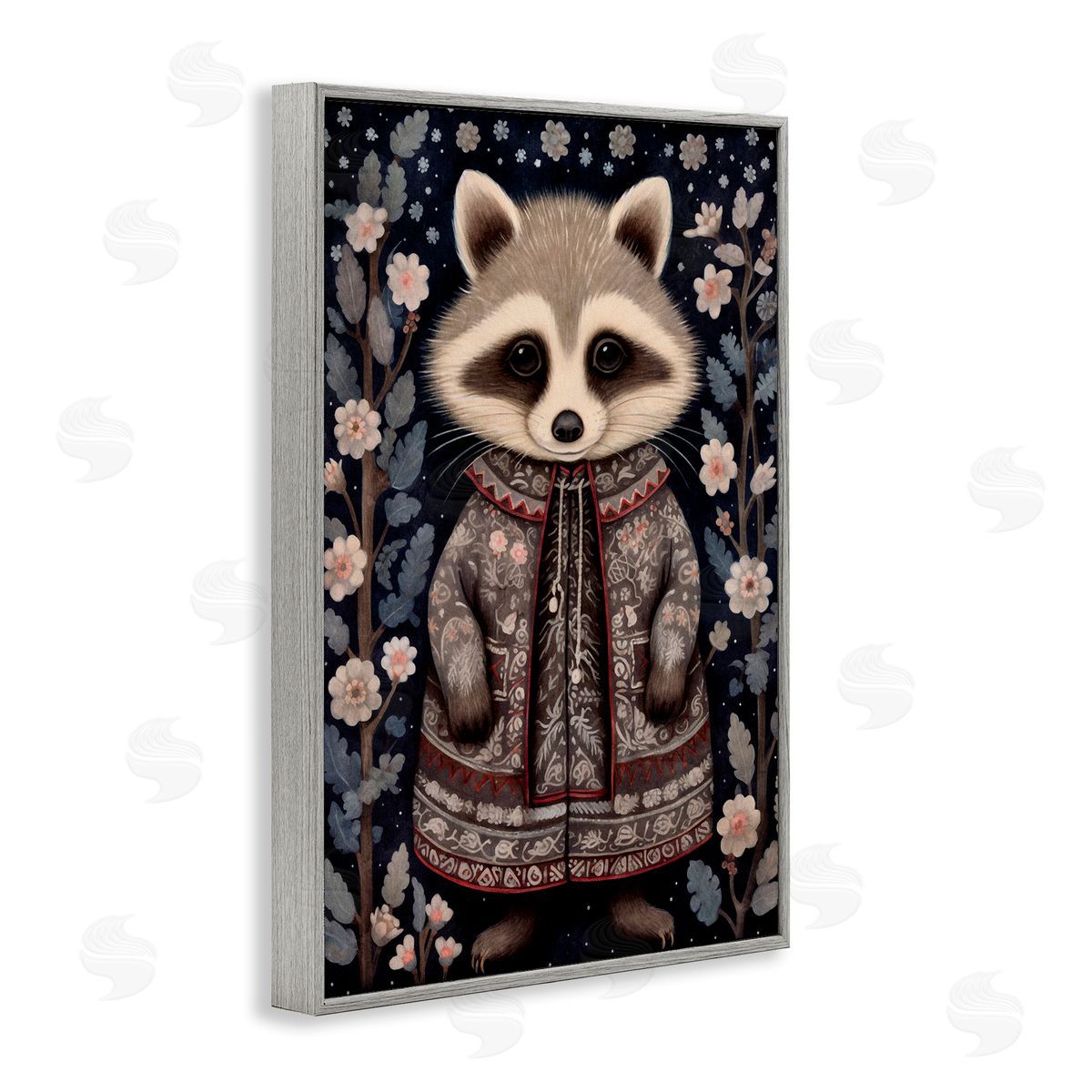 Woodland Pattern Raccoon Grey Frame Print Wall Art, Home Decor by The Dutch Lady