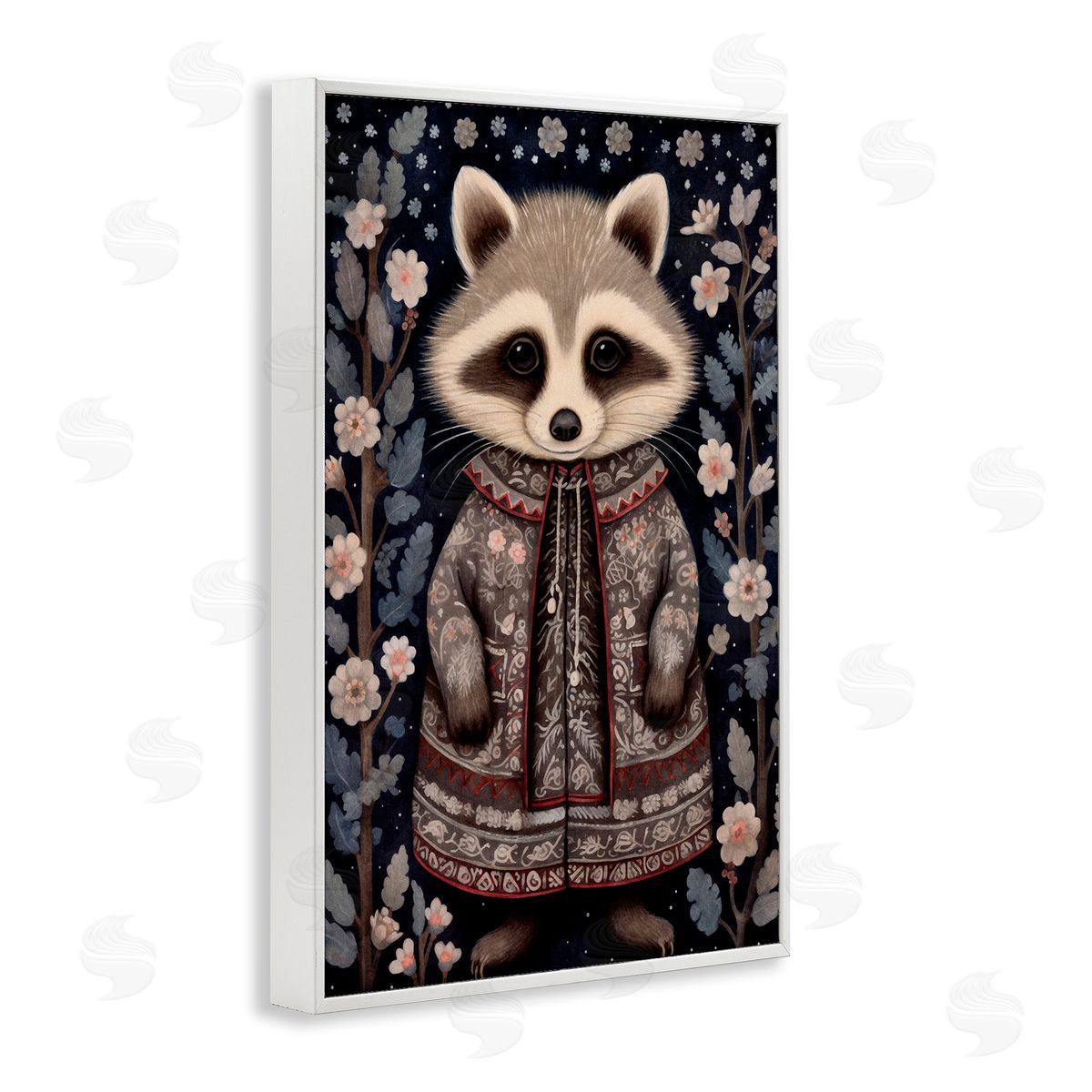 Woodland Pattern Raccoon White Frame Print Wall Art, Home Decor by The Dutch Lady