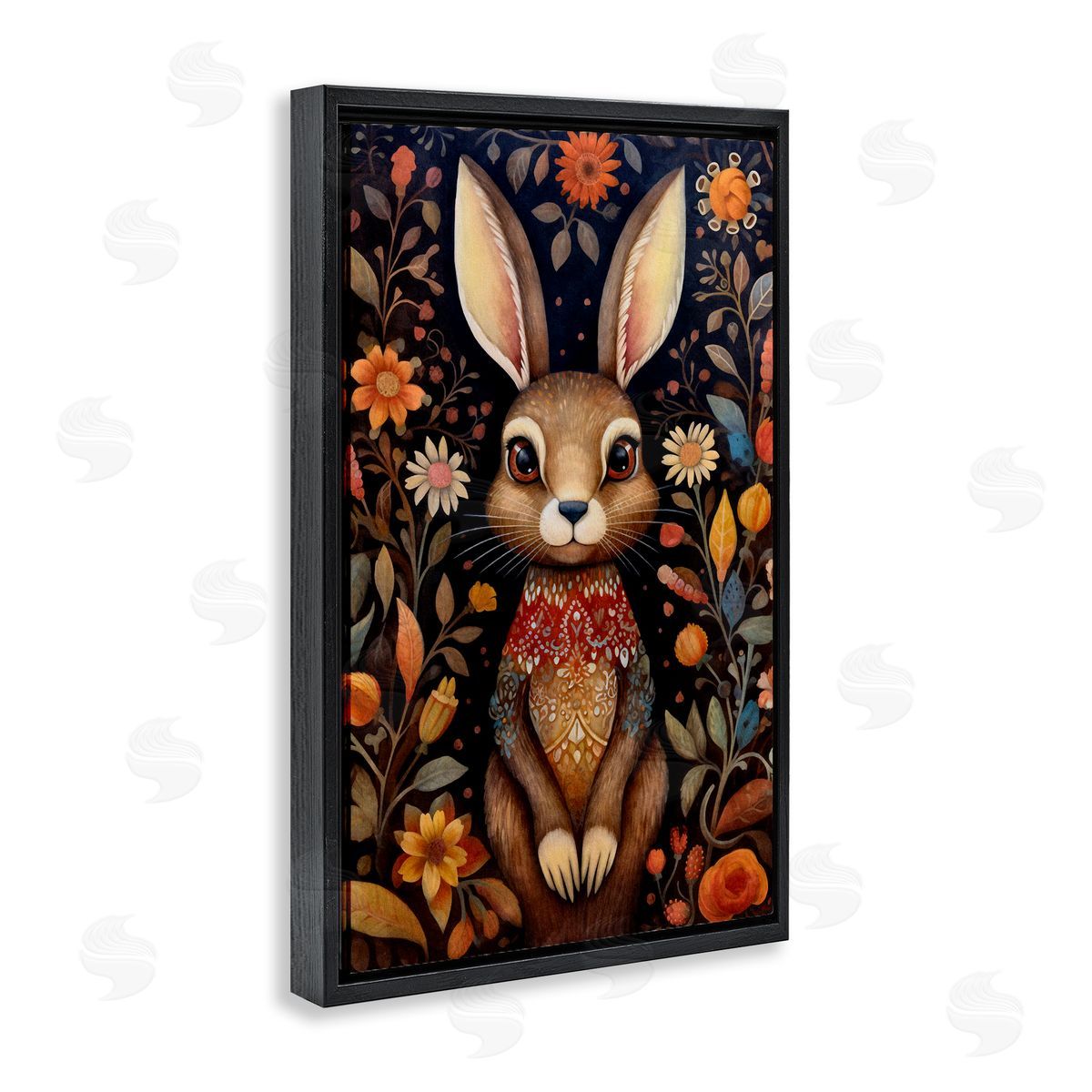 Woodland Pattern Rabbit Black Floating Frame Canvas Wall Art, Home Decor by The Dutch Lady