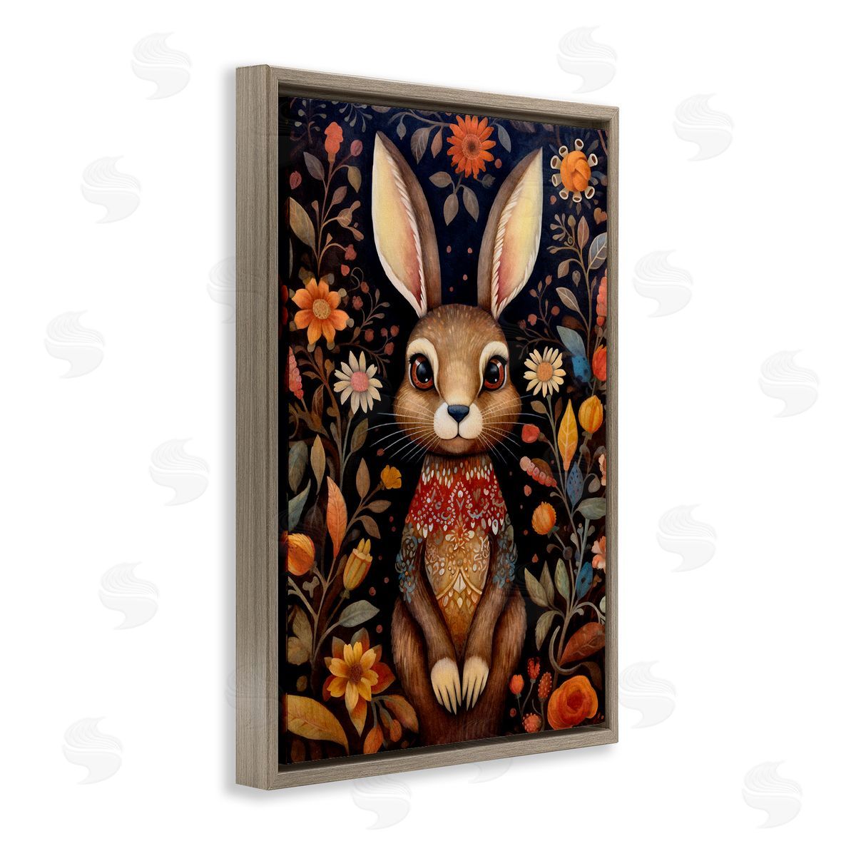 Woodland Pattern Rabbit Brown Floating Frame Canvas Wall Art, Home Decor by The Dutch Lady