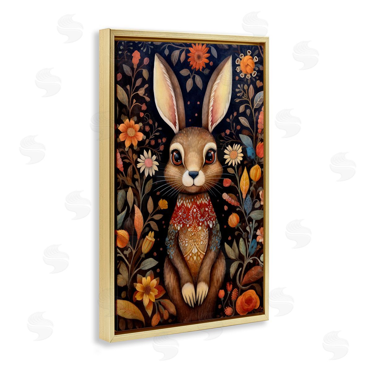Woodland Pattern Rabbit Gold Floating Frame Canvas Wall Art, Home Decor by The Dutch Lady