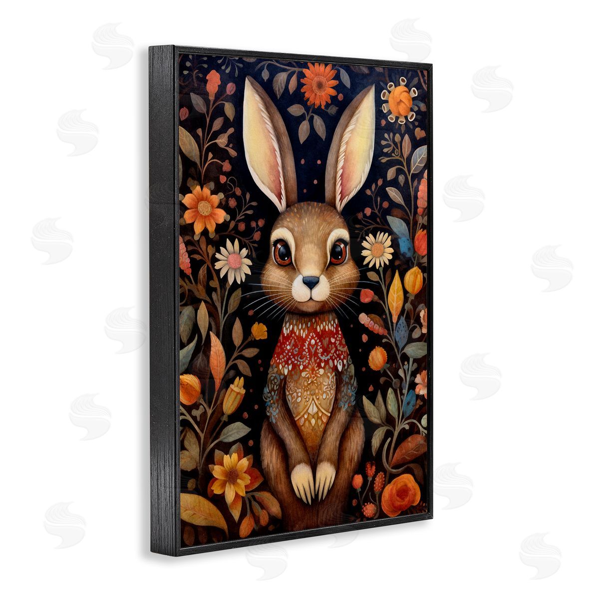 Woodland Pattern Rabbit Black Frame Print Wall Art, Home Decor by The Dutch Lady