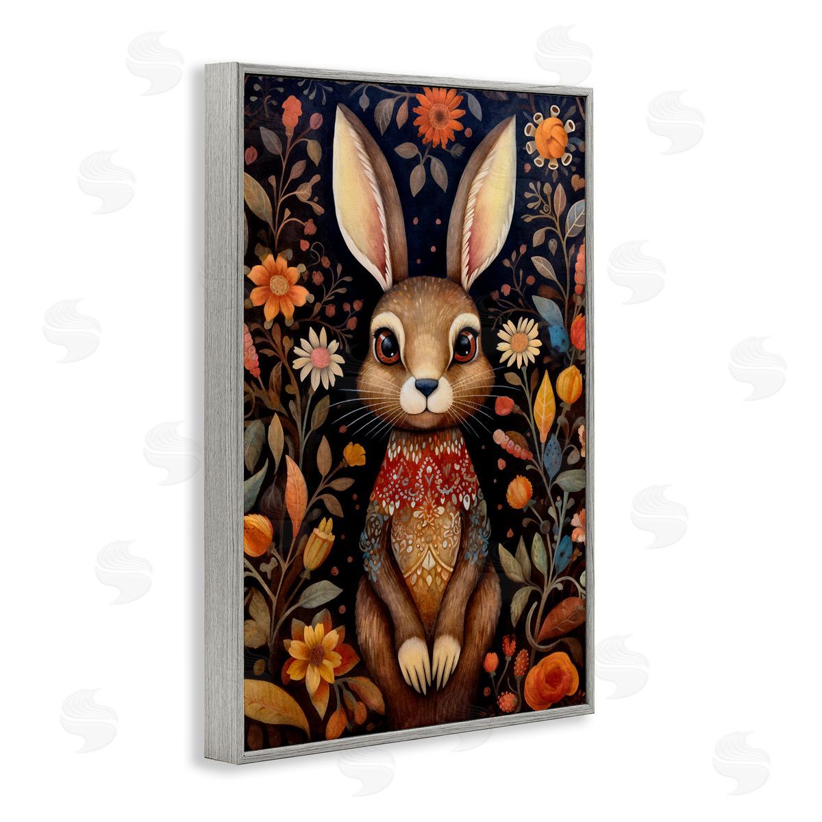 Woodland Pattern Rabbit Grey Frame Print Wall Art, Home Decor by The Dutch Lady