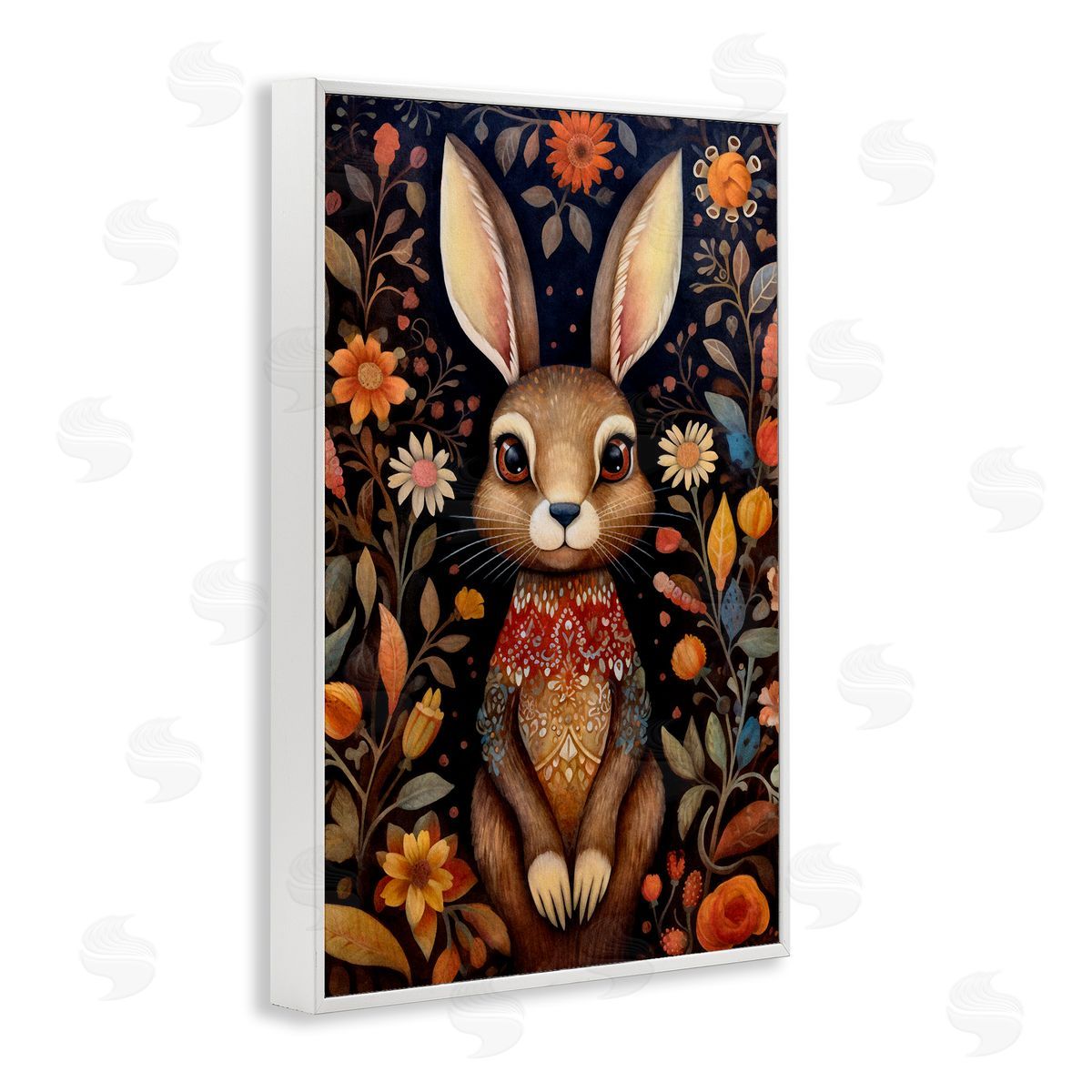 Woodland Pattern Rabbit White Frame Print Wall Art, Home Decor by The Dutch Lady