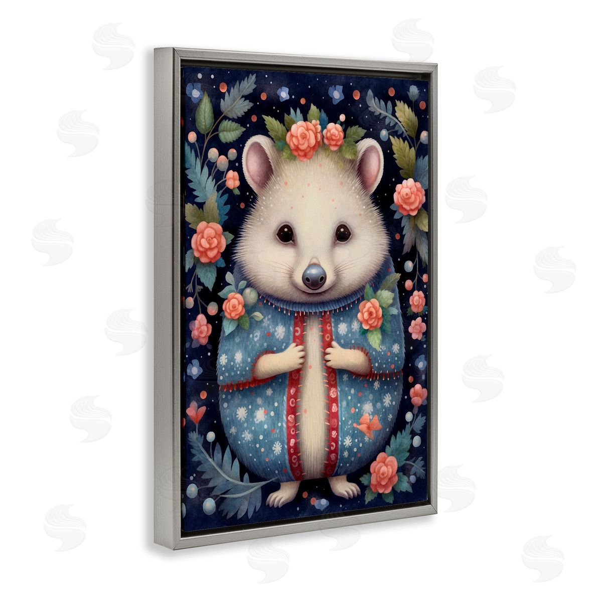 Woodland Pattern Hedgehog Grey Floating Frame Canvas Wall Art, Home Decor by The Dutch Lady