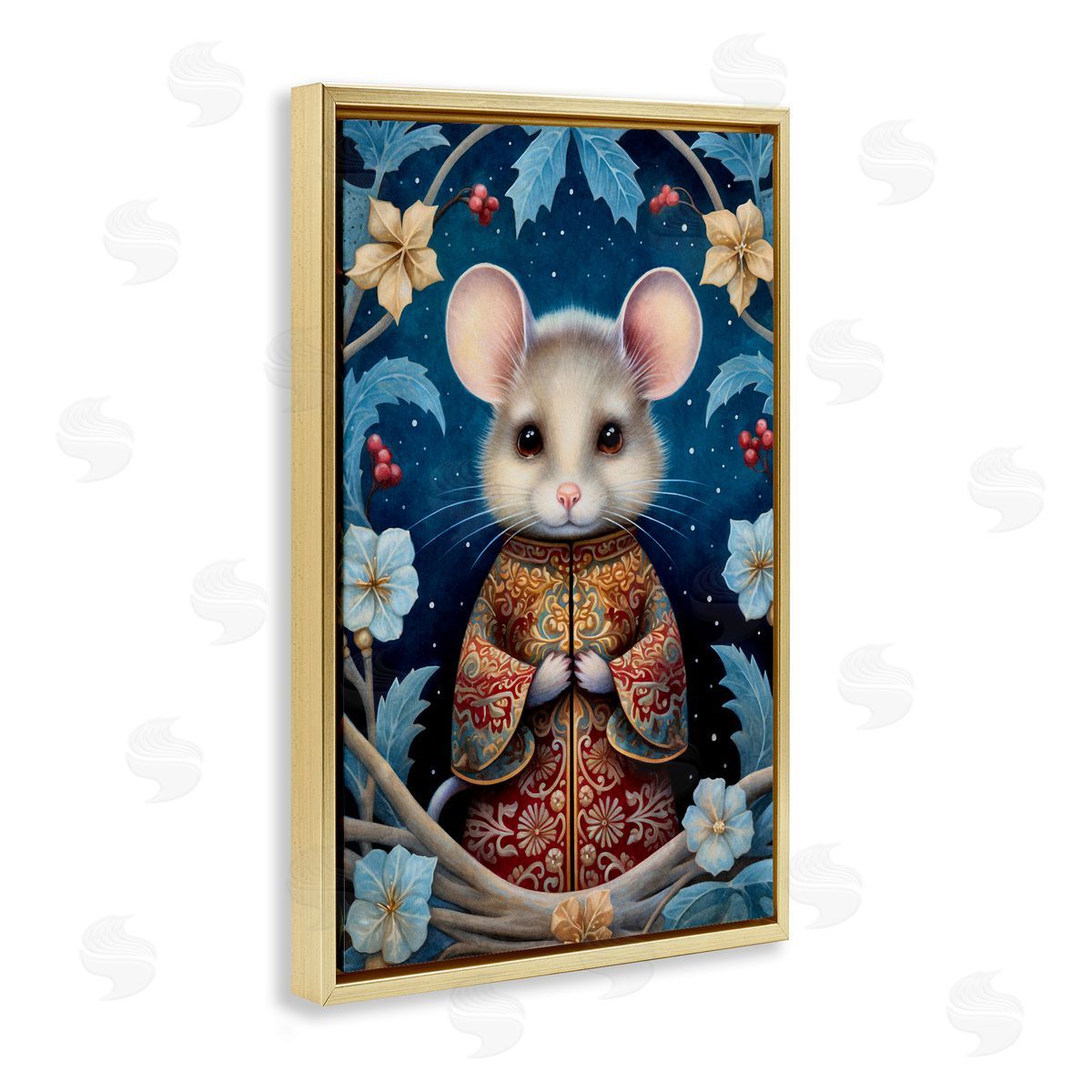 Woodland Pattern Mouse Gold Floating Frame Canvas Wall Art, Home Decor by The Dutch Lady