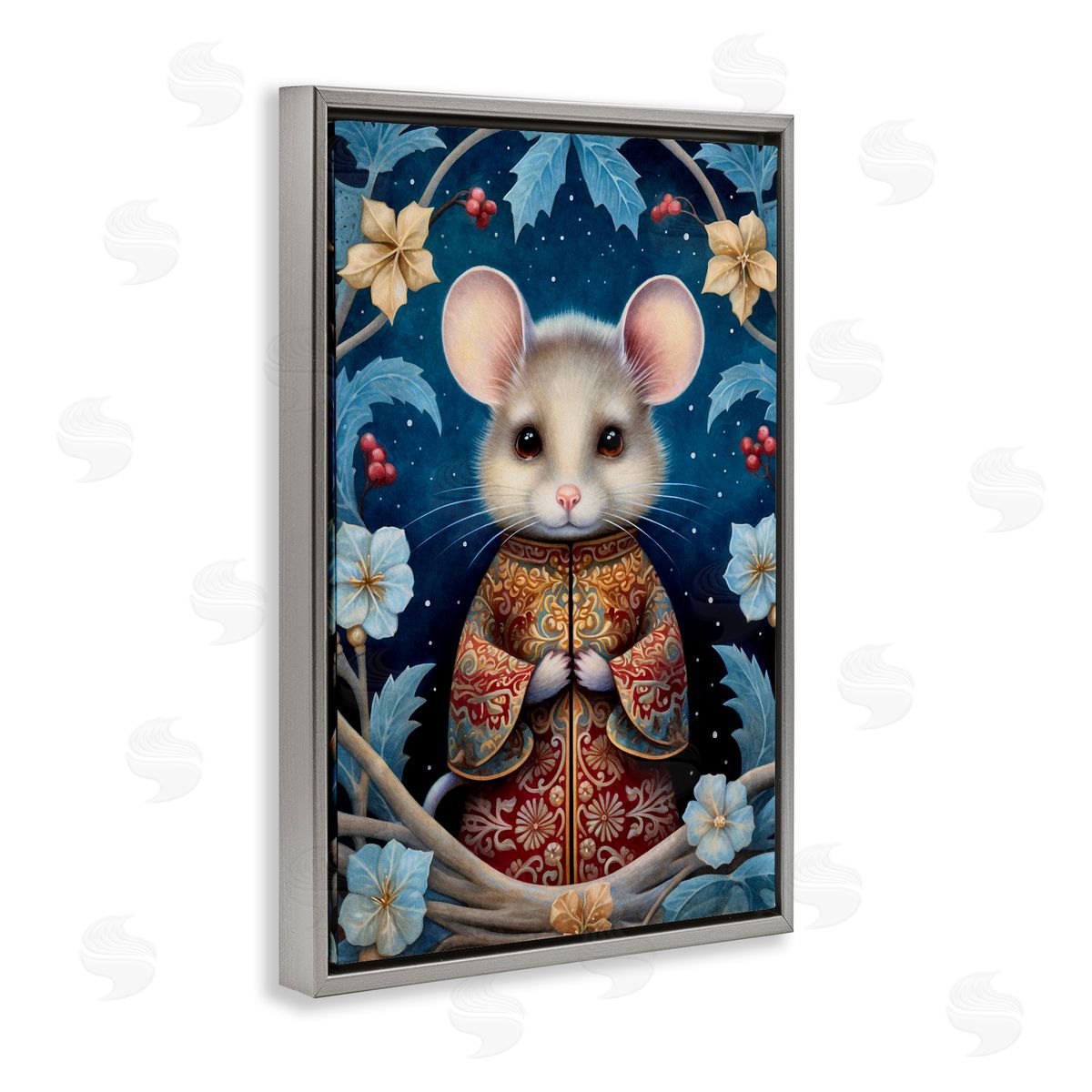 Woodland Pattern Mouse Grey Floating Frame Canvas Wall Art, Home Decor by The Dutch Lady