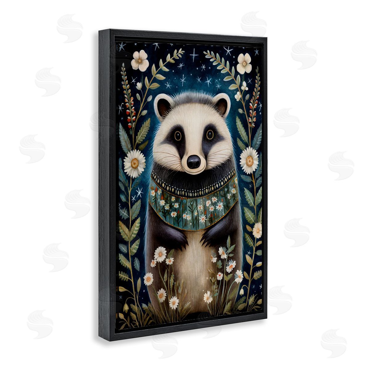 Woodland Pattern Badger Black Floating Frame Canvas Wall Art, Home Decor by The Dutch Lady