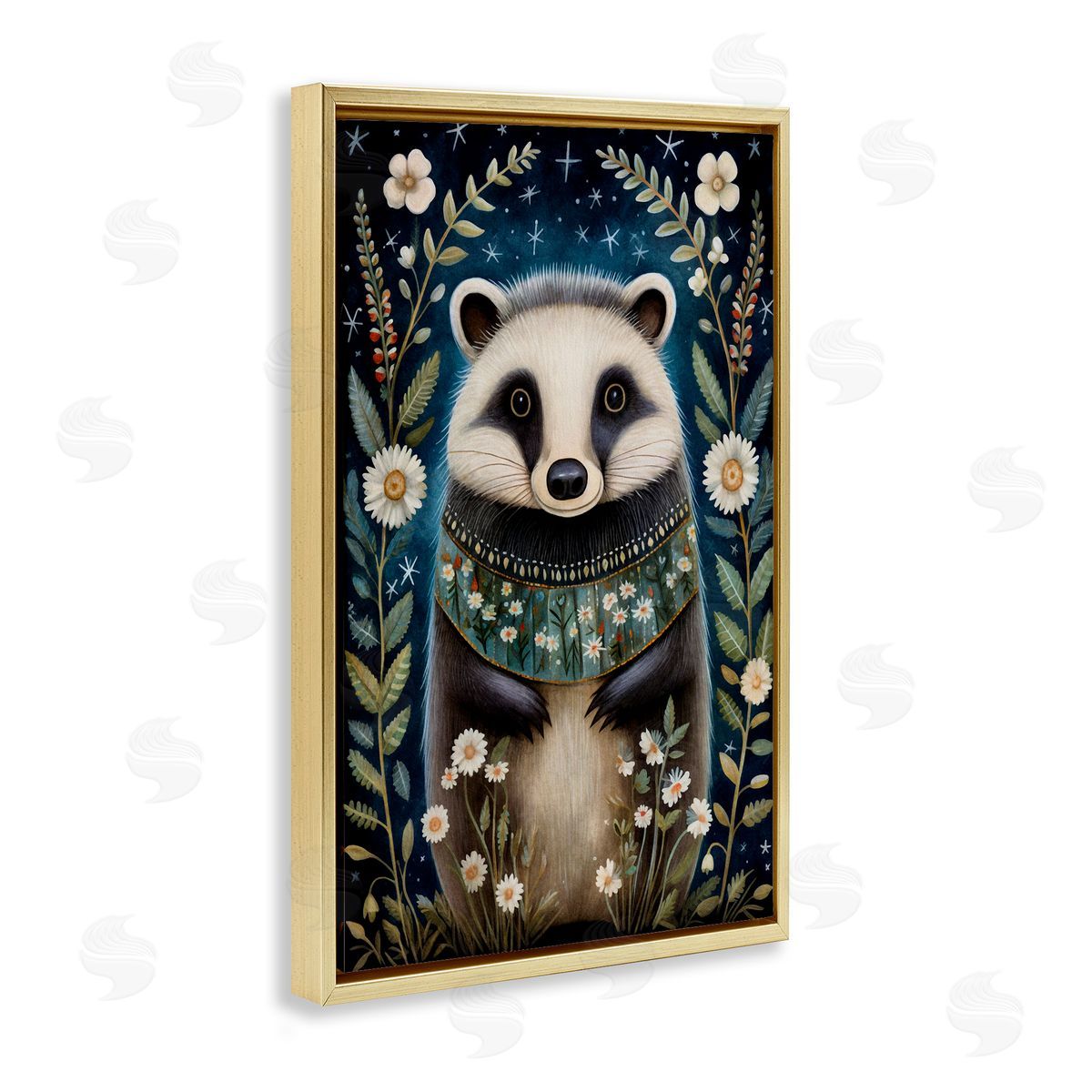 Woodland Pattern Badger Gold Floating Frame Canvas Wall Art, Home Decor by The Dutch Lady