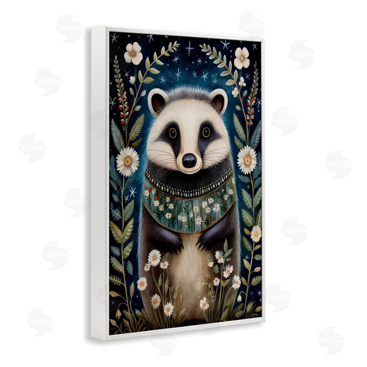 Woodland Pattern Badger White Frame Print Wall Art, Home Decor by The Dutch Lady