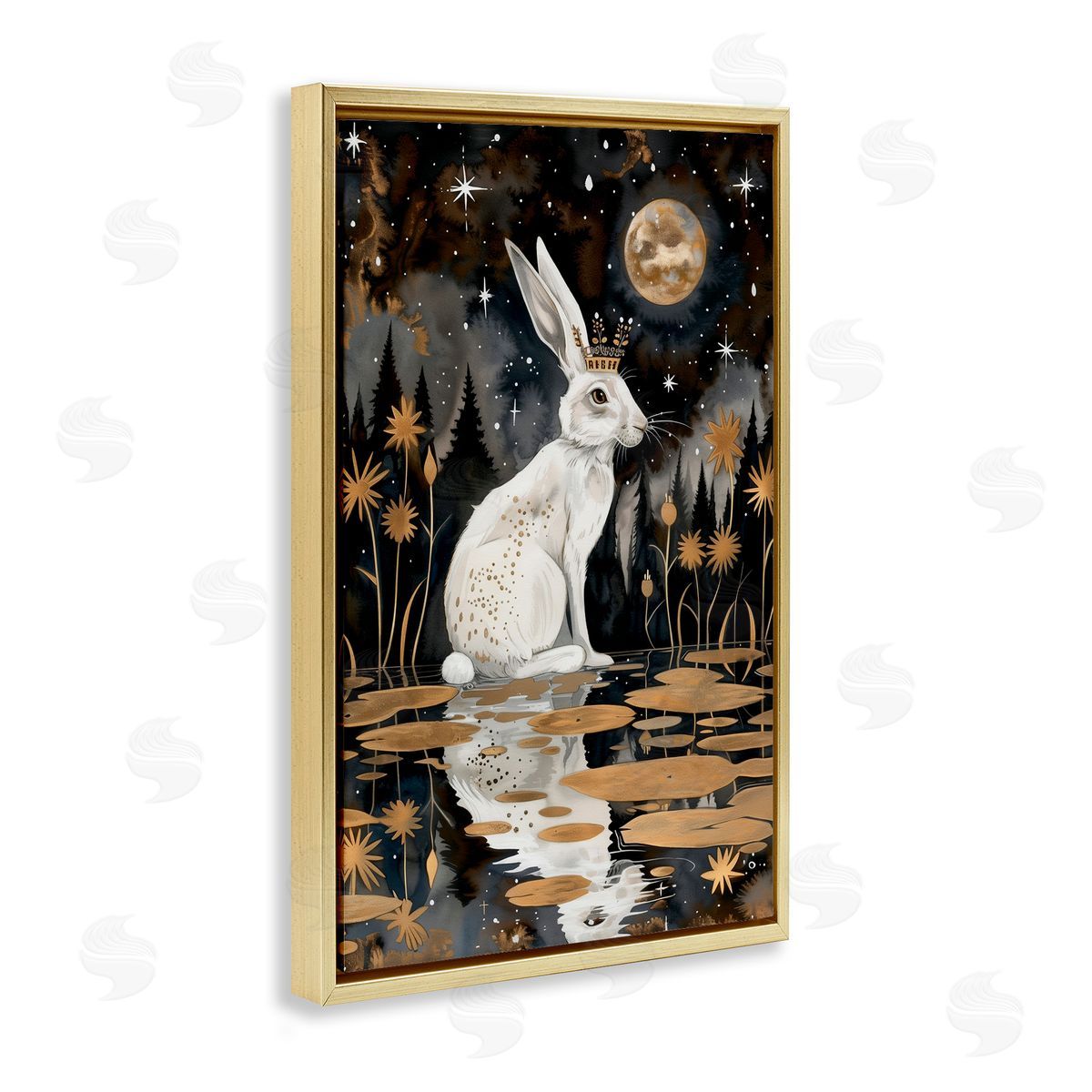 Regal Rabbit Moonlight Gold Floating Frame Canvas Wall Art, Home Decor by The Dutch Lady