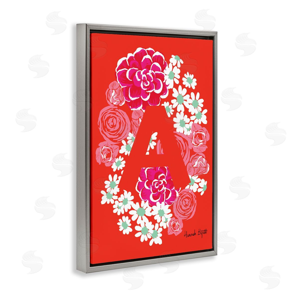 Floral Bloom Letter A Grey Floating Frame Canvas Wall Art, Home Decor by Hannah Louise Byatt