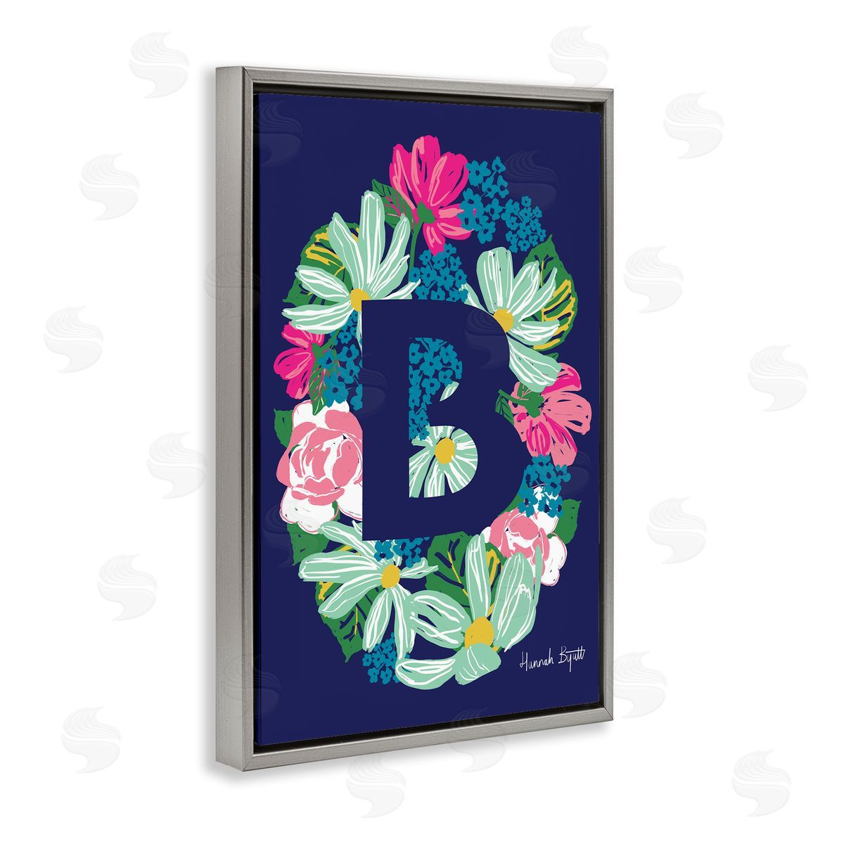 Floral Bloom Letter B Grey Floating Frame Canvas Wall Art, Home Decor by Hannah Louise Byatt