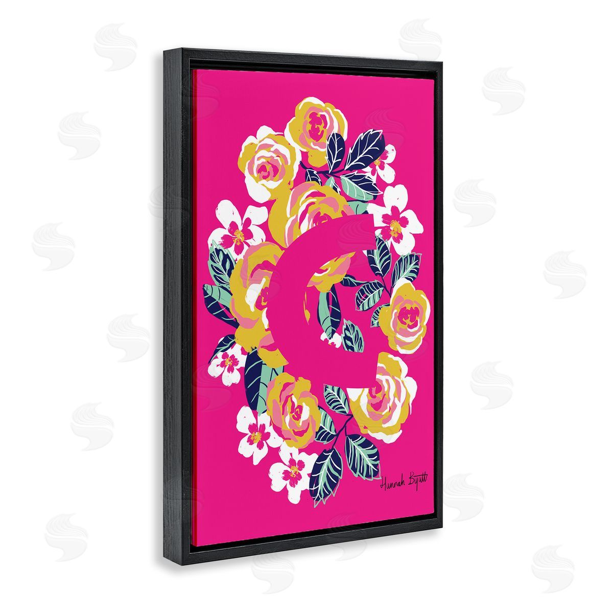 Floral Bloom Letter C Black Floating Frame Canvas Wall Art, Home Decor by Hannah Louise Byatt