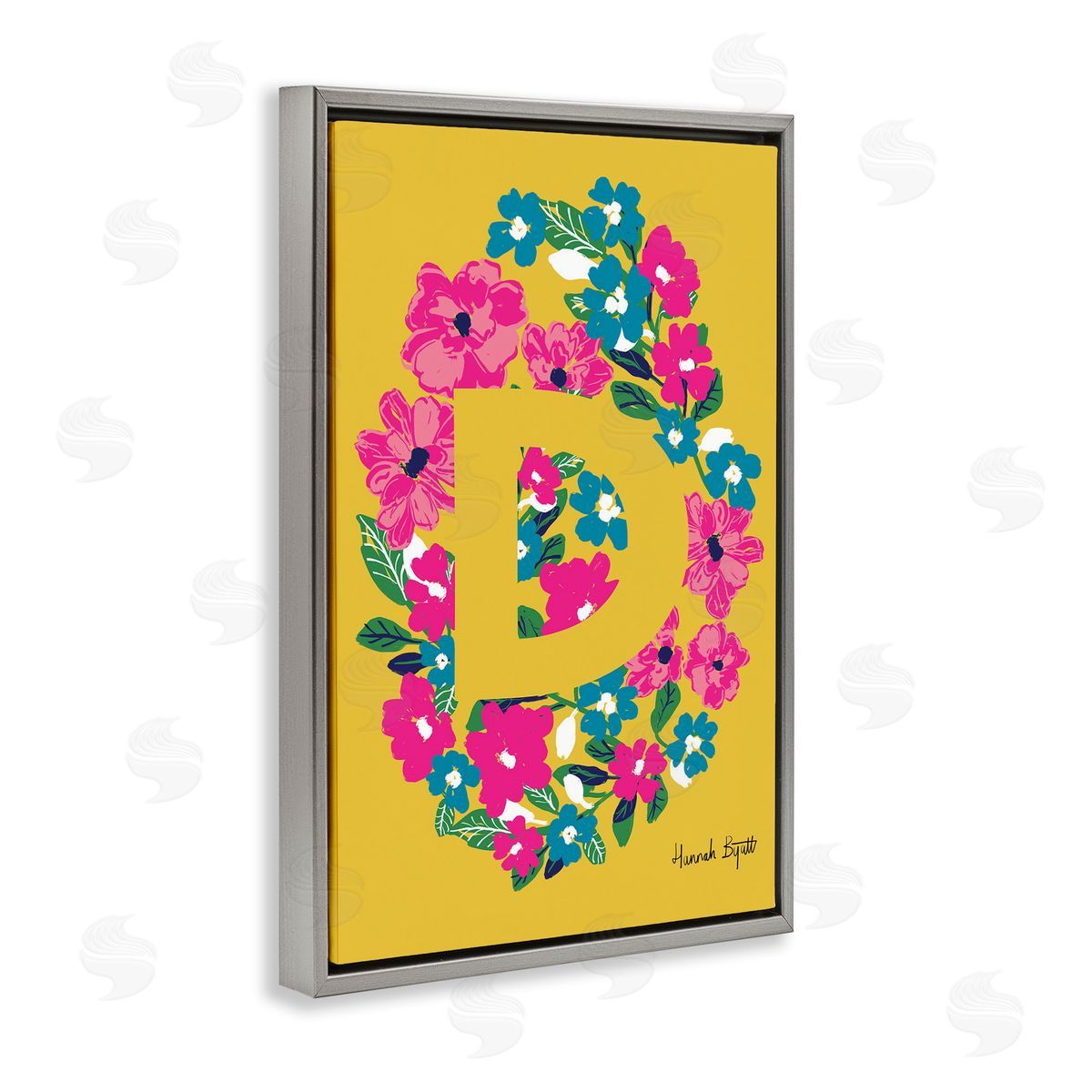 Floral Bloom Letter D Grey Floating Frame Canvas Wall Art, Home Decor by Hannah Louise Byatt