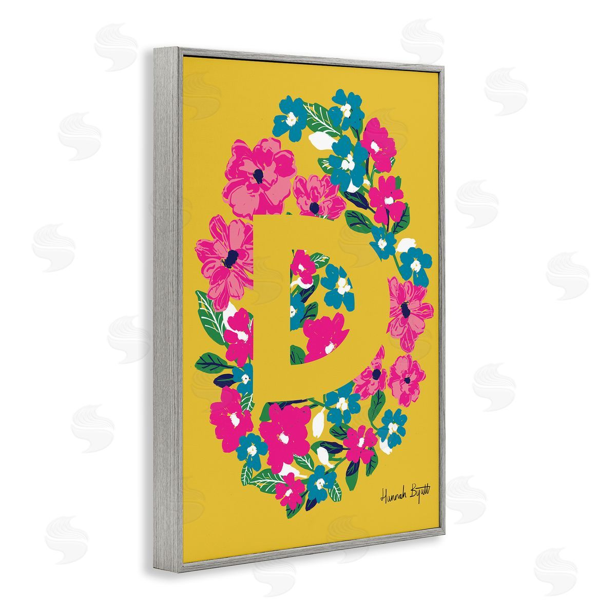 Floral Bloom Letter D Grey Frame Print Wall Art, Home Decor by Hannah Louise Byatt