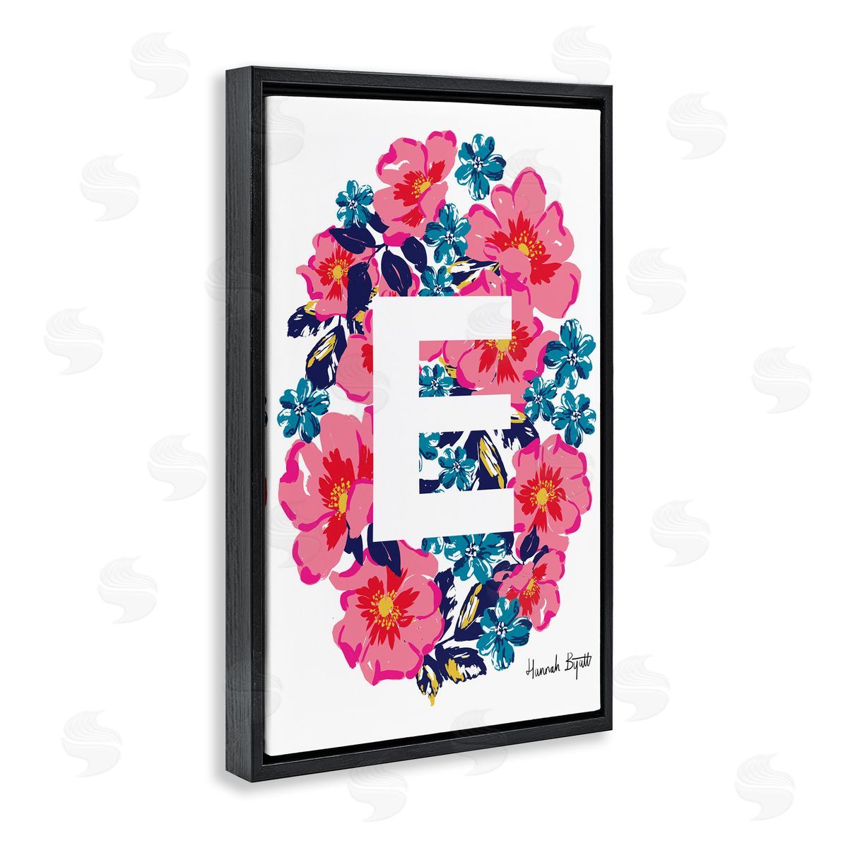 Floral Bloom Letter E Black Floating Frame Canvas Wall Art, Home Decor by Hannah Louise Byatt